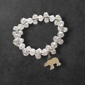 Silver White Crystal Bracelet with Bear Charm Stretch